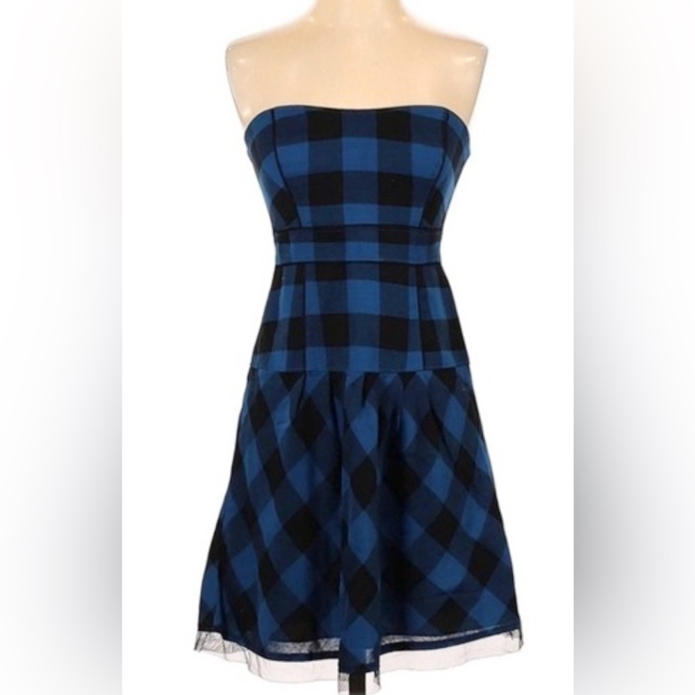 American Eagle Outfitters Blue/Black Buffalo Plaid Strapless Mini Dress